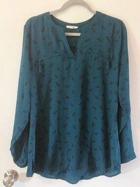 Teal Long-Sleeve V-Neck Blouse